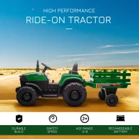 Aosom 12V 7AH Kids Ride On Tractor, Electric Battery Powered Agricultural Toy Car, w/ Back Trailer, Adjustable Speed, 10 LED Headlights, Green(m-4)