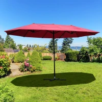 Outsunny 15ft Outdoor Twin Patio Umbrella Garden Double-Sided Market Parasol Sun Shelter with Crank Wine Red(m-1)