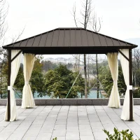 Outsunny 10' x 12' Hardtop Patio Deluxe Steel Gazebo Garden Sun Shelter Aluminum Frame Heavy Duty Outdoor Hardroof Pavilion with Curtains and Netting Beige(m-1)