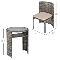 Outsunny 3 PCS Outdoor Rattan Wicker Bistro Set with Storage Shelf, Glass Top Table, Soft Cushioned Chairs and Space Saving Design, Patio Conversation Set for Garden Backyard Porch, Grey(m-3)