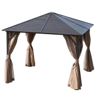 Outsunny 10' x 10' Hardtop Gazebo Canopy with Galvanized Steel Roof, Aluminum Frame, Hook, Outdoor Gazebo with Netting and Curtains for Patio, Garden, Backyard, Deck, Lawn, Light Brown
