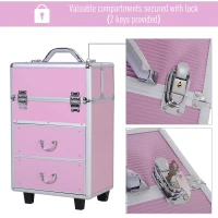 HOMCOM Professional Rolling Full Makeup Travel Train Case, Large Storage Cosmetic Trolley with Folding Trays, Drawer and Locks, Bubblegum Pink(m-5)