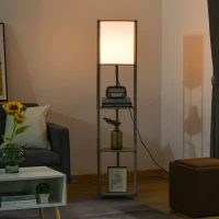HOMCOM Floor Lamp with Display Shelves, Modern Standing Lamps with Footswitch, Solid Wood Nightstand Tower Lamp for Living Room Bedroom and Office(m-2)
