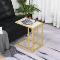 HomCom Modern Console C-Shape Side Table with Marble-Looking Tabletop, a Unique Modern Design, White(m-2)