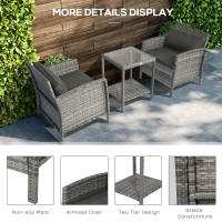 Outsunny 3 Pieces Wicker Patio Furniture Set, Rattan Bistro Set with 2-Tier Coffee Table, Extra Wide Chairs and Cushions, Outdoor Conversation Set for Garden, Porch, Balcony, Grey(m-7)