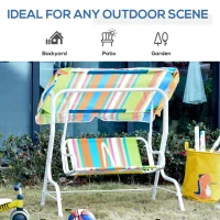 Outsunny Kids Porch Swing, Outdoor 2-Seat Children Patio Chair, Toddler Glider with Adjustable Canopy, Seat Belt for Garden Backyard Colorful Stripes(m-6)