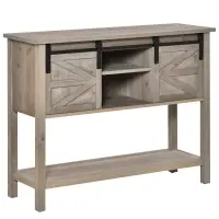HOMCOM Farmhouse Style Console Table with Sliding Barn Doors and 4 Open Storage Compartments and Elevated Base, Grey(m-1)