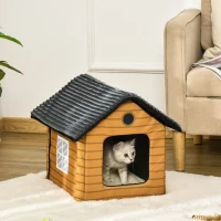 PawHut Heated Cat House Condo, Foldable Enclosed Pet House with Heating Pad for Cats or Small Dogs, Use for Indoor or Covered Outdoor Areas, Log Cabin Design(m-2)