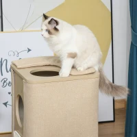 PawHut Wooden Cat Condo 3 Story Barrel Tower w/ Perch Removable Cover Cushions Sisal Scratching Carpet, Brown(m-9)