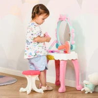 Qaba Kids Vanity Makeup Table Set with Chair and 20-Piece Collection, Princess Vanity Table and Stool with Mirror Lights, Imaginative Toy for 3-4 Years Old(m-2)