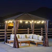 Outsunny 10' x 10' Hardtop Gazebo with Curtains and Netting, Permanent Pavilion Metal Roof Gazebo Canopy with Aluminum Frame, for Garden, Patio, Backyard, Deck, Dark Brown(m-7)