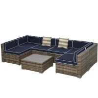 Outsunny 7-Piece Outdoor Wicker Patio Sofa Set, Modern Rattan Conversation Furniture Set with Cushions, Pillows and Tea Table - Blue(m-15)