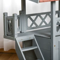 PawHut Wooden Cat House, 2-Floor Feral Cat Shelter, Kitten Condo Outdoor, Small Dog House with Balcony, Stairs, Asphalt Roof, Gray(m-8)