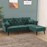 HOMCOM Modern Fabric Sectional Sofa Bed Set, Double Sofa and Chaise Lounge with Adjustable Backrest and 2 Removable Cushions, for Living Room Waiting Room, Dark Green(m-1)