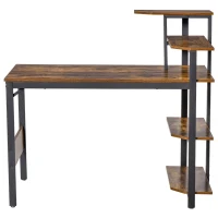 HOMCOM Compact Computer Desk with 4-Tier Open Bookshelf, Writing Table with Steel Frame for Home Office, Rustic Brown(m-10)