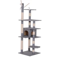 PawHut Cat Tree Cat Scratching Post Multifunctional Activity Center w/ Hanging Mouse Toy &  Condo Gray(m-1)