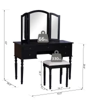 HOMCOM 63"H Elegant Vanity Table Set Tri-Fold Mirrored Make-Up Dressing Table with Cushioned Stool 5 Drawer Black(m-3)