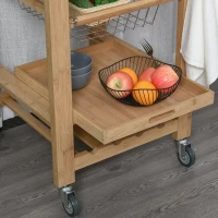 HOMCOM Bamboo Rolling Kitchen Island on Wheels Storage Cart with Granite Top, a Slide-Out Basket & Wine Storage Rack(m-13)