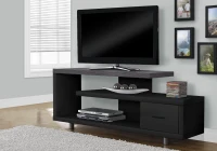 Monarch 60" L Art-Deco Inspired TV Stand with Open Concept Shelves and Storage Drawer - Black / Grey Top(m-2)