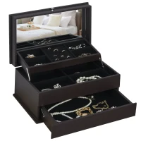 HOMCOM 3-Tier Jewelry Box Organizer with Glass Mirror and 6 Slots for Beauty Accessories, Costume Jewelry - Walnut(m-10)