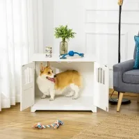 PawHut 29.5" Wooden Dog Cage with Windows, End Table Furniture Style, Modern Pet Kennel with Lockable Doors Elevated Base for Small and Medium-sized Dogs, White(m-1)