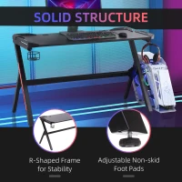 HOMCOM 55" Gaming Desk Racing Style Computer Table with LED Light Cup Gamepad Holder Headphone Hook Cable Management E-sport Study Workstation, Black(m-7)