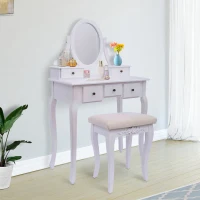 HomCom Dressing Table Stool Makeup Mirror Wood Dresser Antique Style Shabby Chic with Vanity Mirror & Stool - White(m-2)