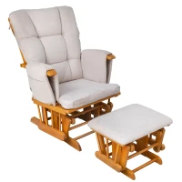 HOMCOM Indoor 2 Piece Glider & Ottoman Adjustable Reclining Function with Rubber Wood Base and Cushion, Wood/Cream White(m-1)