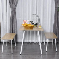 HOMCOM 3 PCs Table Dining Set With 2 Matching Benches P2 Grade MDF Steel Legs Dining Room - Natural(m-2)