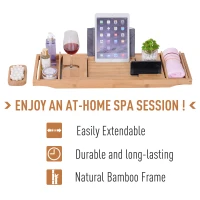 kleankin 42" Adjustable Luxury Bath Caddy Book Tablet Laptop Wine Holder Natural Bamboo Tray(m-6)