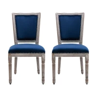 HOMCOM Vintage Upholstered Dining Chairs Set Of 2 with Nailhead Trim , Thick Padded Seat Cushions, and Wood Legs, Blue(m-11)