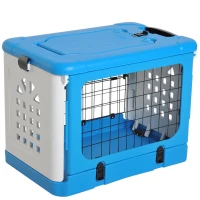 PawHut Foldable Cat Cage Flight Puppy Case Small Animal Travel Carrier Ventilation Hole w/ Top Load Pet Kennel Blue(m-1)