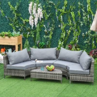 Outsunny 5PC Outdoor Patio Furniture Set Garden Rattan Wicker Sofa Cushioned Half-Moon Seat Deck w/ Pillow Grey(m-2)