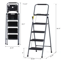 HOMCOM Foldable 3-Step Steel Ladder with Tool Tray  Handgrip  Anti-Slip Pads Grey and Black(m-3)
