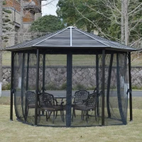 Outsunny 13' x 13' Hexagon Hardtop Gazebo Canopy with Galvanized Steel Roof, Aluminum Frame, Permanent Pavilion Outdoor Gazebo with Netting and Hook, for Patio, Garden, Backyard, Deck, Lawn(m-8)