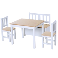 Qaba 4-Piece Kids Table and Chair Set, with 1 Storage Bench and 2 Matching High Back Chairs, Natural & White