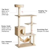 PawHut 60" Cat Tree Scratching Condo Furniture Kitty Activity Center with Hanging Toy Beige(m-4)