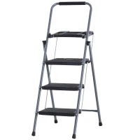 HOMCOM Foldable 3-Step Steel Ladder with Tool Tray  Handgrip  Anti-Slip Pads Grey and Black(m-2)
