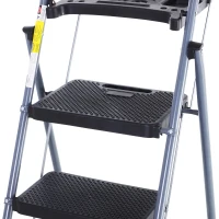 HOMCOM Foldable 3-Step Steel Ladder with Tool Tray  Handgrip  Anti-Slip Pads Grey and Black(m-7)