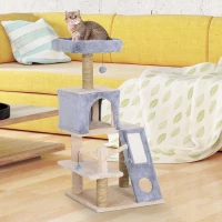 PawHut Cat Tree Tower with Natural Seaweed Scratch Posts Plush Perch  Ladder and Teasing Toy Ball(m-1)