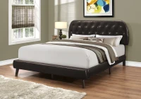 Monarch Queen Size Contemporary Upholstered Bed Frame with Padded Diamond Tufted Headboard and Brown Wood Legs - Brown Leather Look(m-2)
