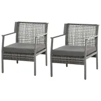 Outsunny 2 Piece Rattan Wicker Patio Dining Chairs, Patio Furniture Set with Armrest, Cushions for Backyard, Garden, Grey(m-1)