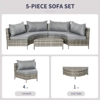 Outsunny 5PC Outdoor Patio Furniture Set Garden Rattan Wicker Sofa Cushioned Half-Moon Seat Deck w/ Pillow Grey(m-5)