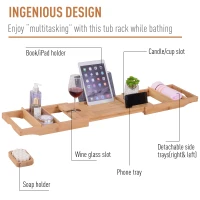 kleankin 42" Adjustable Luxury Bath Caddy Book Tablet Laptop Wine Holder Natural Bamboo Tray(m-7)