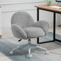 HOMCOM Faux Fur Leisure Chair Accent Chair Office Swivel Chair with Mid-Back Wide Design, Adjustable Seat Height, Steel Base, Wheels, Grey(m-9)