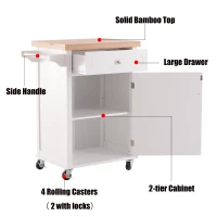 Open Box HOMCOM 27.5" Pine Wood Bamboo Portable Rolling Kitchen Island Cart with Wheels - White(m-4)