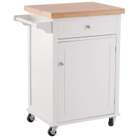 Open Box HOMCOM 27.5" Pine Wood Bamboo Portable Rolling Kitchen Island Cart with Wheels - White(m-6)