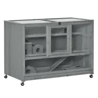 PawHut Wooden 3-Tier Hamster Cage Hutch Box with Ladder Wheels for Small Animals, Dark Gray(m-1)