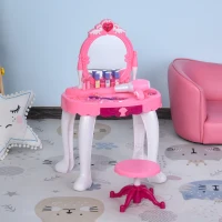 Qaba Kids Vanity Set, Pretend Play Girls Makeup Vanity with Lights, Music, Hair Dryer and Makeup Accessories, Pink(m-2)