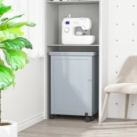 HOMCOM Folding Sewing Table, Rolling Utility Work Station Side Desk with 3-Tier Storage Bins, Shelf, and Lockable Casters, Grey(m-10)